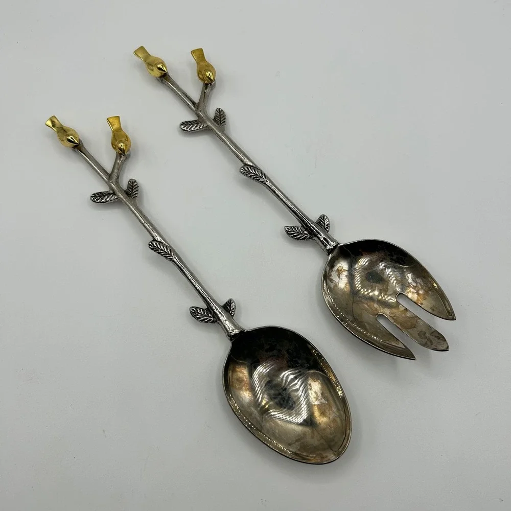 Vintage Style Bird on Branch Salad Server Set Silver Gold Tone Spoon and Fork